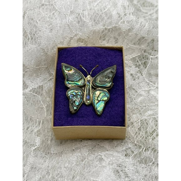 Antique Mexico Alpaca Silver Abalone Inlay Sterling Silver Butterfly Brooch - Picture 3 of 9
